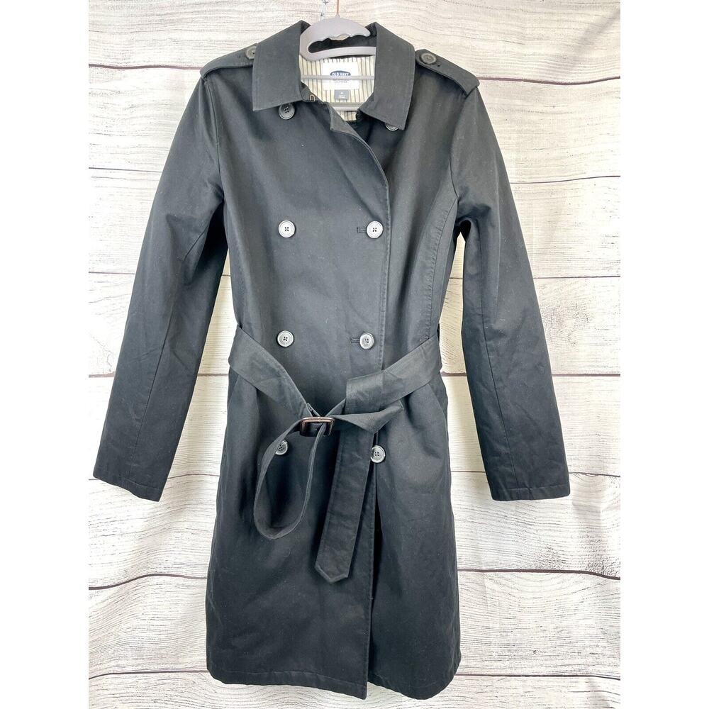 Old Navy Black Trench Coat Long Jacket Buckle Belt Double Breasted Button M